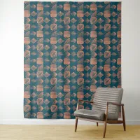 Bold Caribbean Tribal Mudcloth: Teal, Coral Throw Tapestry