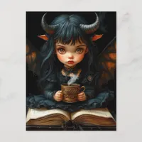 Cute Girl With Horns and Wings Reads With Coffee Postcard
