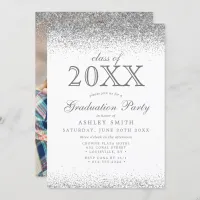 Silver Glitter White Photo Graduation Invitation