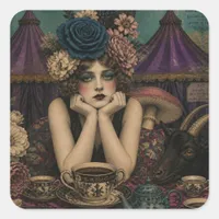 Woman Drinks Tea at the Circus With Black Goat Square Sticker