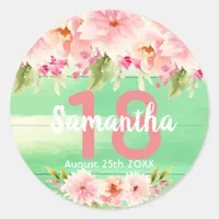 18th birthday party coral dahlia flowers green classic round sticker