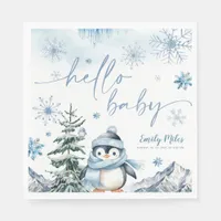 Hello Baby Penguin, Winter blue baby shower Napkins