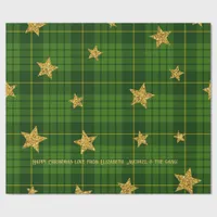Emerald Glow Tartan Gold Star Personalized Xmas Wrapping Paper
