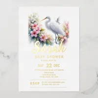 Tropical Egret Bird Coastal Baby Shower Foil Invitation