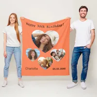 Birthday name photo heart collage coral orange fleece blanket