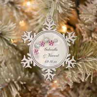 Faux White Pearls and Pink Diamond Button Wedding Snowflake Pewter Christmas Ornament