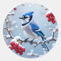 A Pretty Blue Jay on a Snowy Branch Christmas Classic Round Sticker