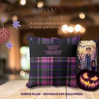 Purple Pink Happy Halloween Plaid  Throw Pillow