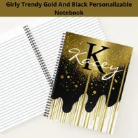 Trendy Black Gold Glitter Girly Monogram Name Notebook