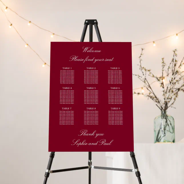 Burgundy 9 Table Wedding Seating Chart Foam Board