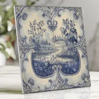 Blue and White Pastoral Landscape Ceramic Tile