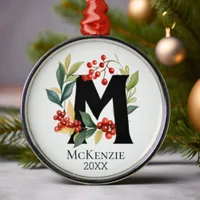 Christmas Wreath Monogram Initial Letter M Metal Ornament