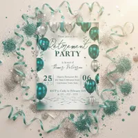 Elegant Glam Teal Silver Balloons Retirement Party Invitation