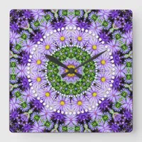 Groovy Flower Power Purple Lilac Green Square Wall Clock