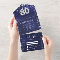 80th Birthday navy blue silver stars rsvp All In One Invitation
