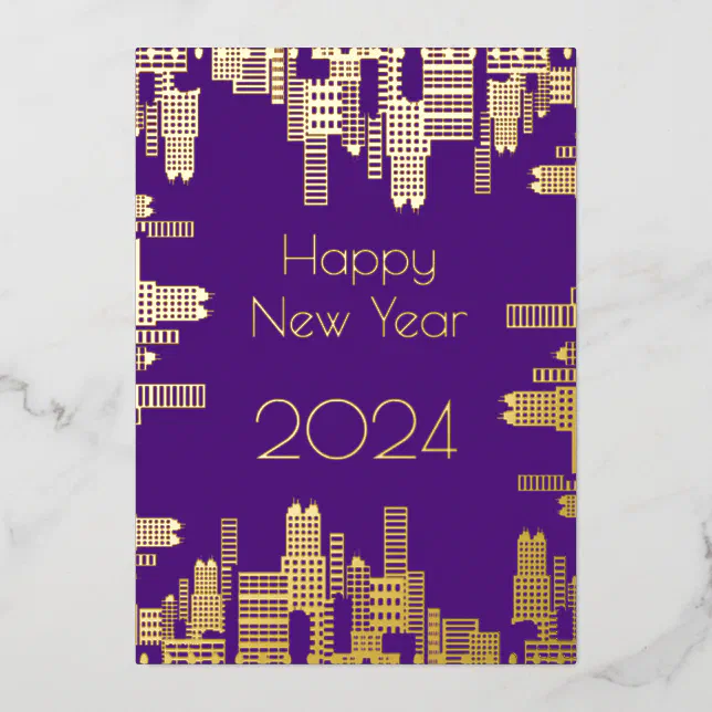 Happy New Year - gold buildings Foil Holiday Card