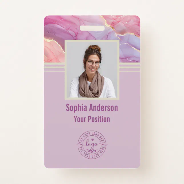 Custom Employee Photo QR Code Purple Modern Marble Badge