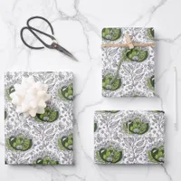 Abstract Doodle Art Style Flowers Shades of Green Wrapping Paper Sheets