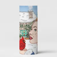 Lady holding Cardinal English Cottage Pillar Candle