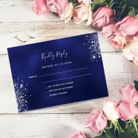 Budget navy blue silver glitter dust wedding RSVP Note Card