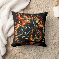 Fiery motorcycle roaring through a blazing night throw pillow