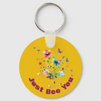 Simple Floral Watercolor Monogram Bee on mustard Keychain