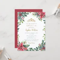 Holly Poinsettias Gold Princess Tiara Sweet 16 Invitation