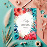 Turquoise and Coral Watercolor Floral Wedding Invitation