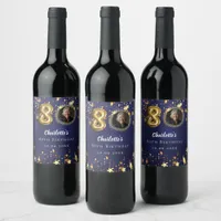 80th birthday navy blue gold stars photo wine label