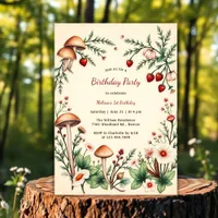 Rustic Berry Nature Mushroom Woodland 1st Birthday Invitation