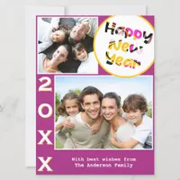 Stylish 2 Photos Pink Happy New Year Holiday Card