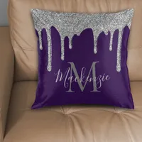 Elegant Purple Silver Glitter Drips Monogram Throw Pillow