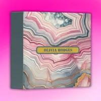 Modern Blue Gold Pink Agate Geode Monogram |  3 Ring Binder