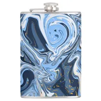 Blue, White and Gold Swirls Fluid Art Flask