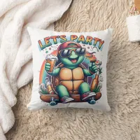 Cheerful turtle skateboarding at a vibrant party throw pillow