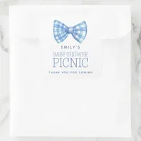 Blue Gingham Bow Tie Name Baby Shower Thank You Square Sticker