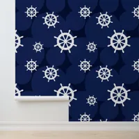 Nautical Ship's Wheels and Circles Blue and White Wallpaper