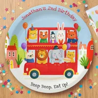 Cute Animal Double Decker Party Bus Birthday Paper Plates