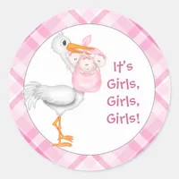 Stork & Triplet Girls Baby Announcement Classic Round Sticker