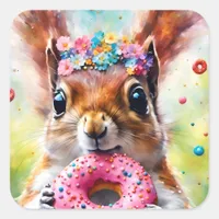 Adorable Squirrel With a Donut Square Sticker