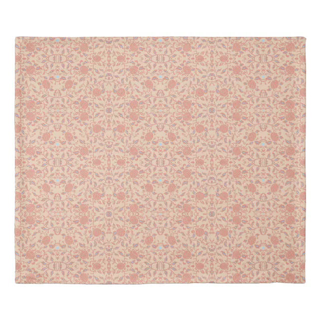 Flowery Peach and Coral Damask Duvet Cover