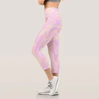 Feminine Pink Holographic Look Pattern Capri Leggings