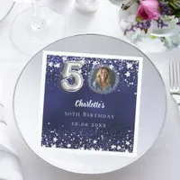50th birthday navy blue silver stars photo napkins