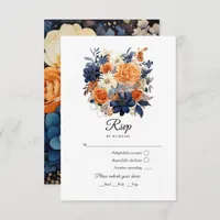 Navy Blue, Burnt Orange & Champagne Floral Wedding RSVP Card