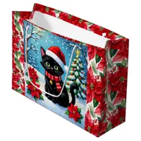 Cute Black Cat and Poinsettia Christmas Large Gift Bag