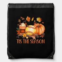 Tis The Season Pumpkin Leaf Latte Fall Softball Drawstring Bag