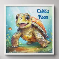 Cute Sea Turtle in the Ocean Cartoon Personalized Peel And Stick Photo Tile