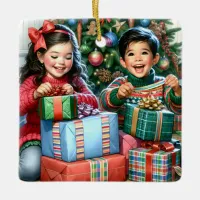 Kids on Christmas Morning Opening Gifts Custom Ceramic Ornament