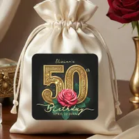 Glam Chic Black Gold Red Rose Floral 50th Birthday Square Sticker