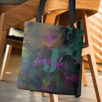 Abstract Dark Colored Liquid Paint Name & Monogram Tote Bag